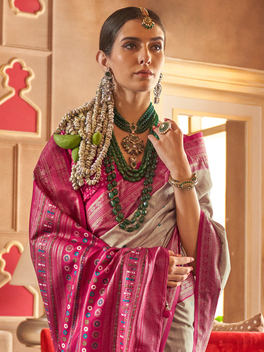 Beige Zari Woven Silk Blend Saree with Rani Pink Borders