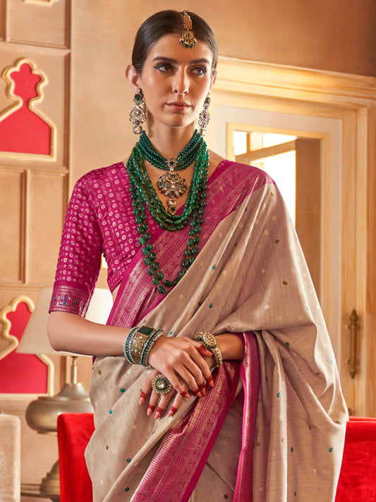 Beige Zari Woven Silk Blend Saree with Rani Pink Borders