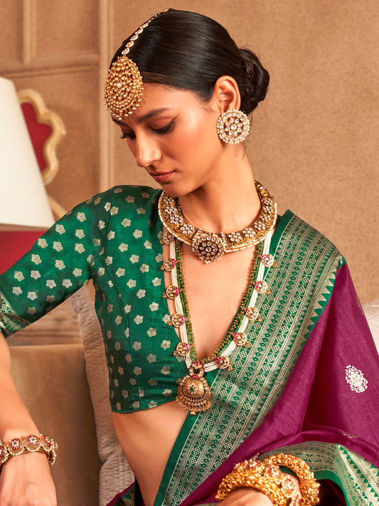 Wine Zari Woven Silk Blend Saree with Green Borders