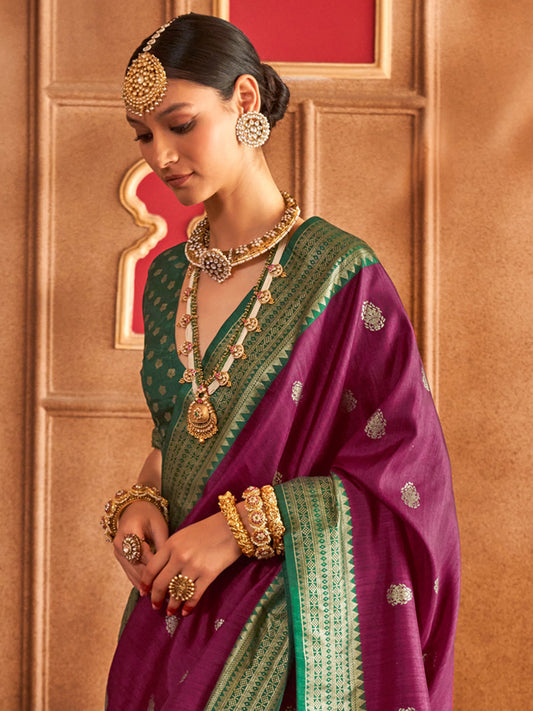 Wine Zari Woven Silk Blend Saree with Green Borders