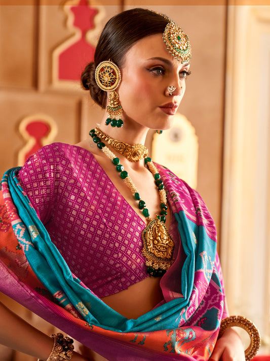 Light Blue Silk Blend Rani Pink Zari Print Border Saree