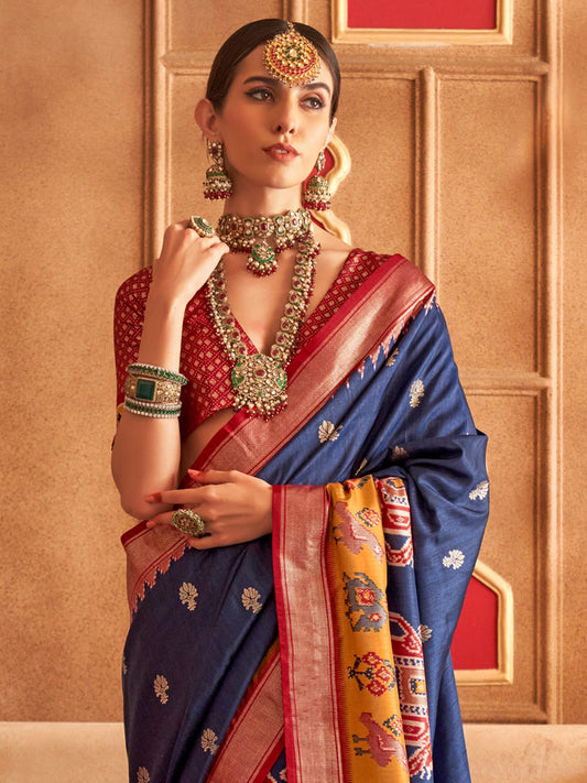 Navy Blue Patola Silk Blend Maroon Zari Woven Border Saree