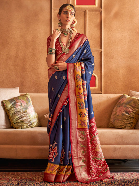 Navy Blue Patola Silk Blend Maroon Zari Woven Border Saree