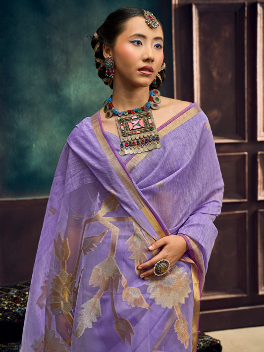 Lavender Purple Woven Muga Silk Saree