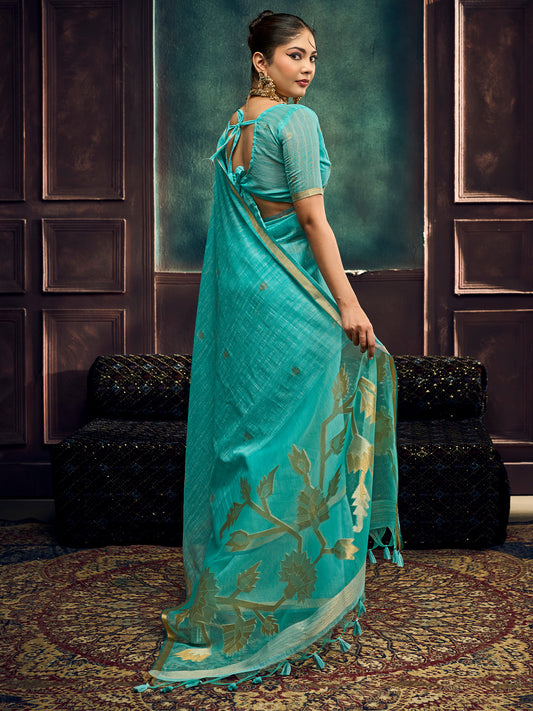 Turquoise Blue Woven Muga Silk Saree