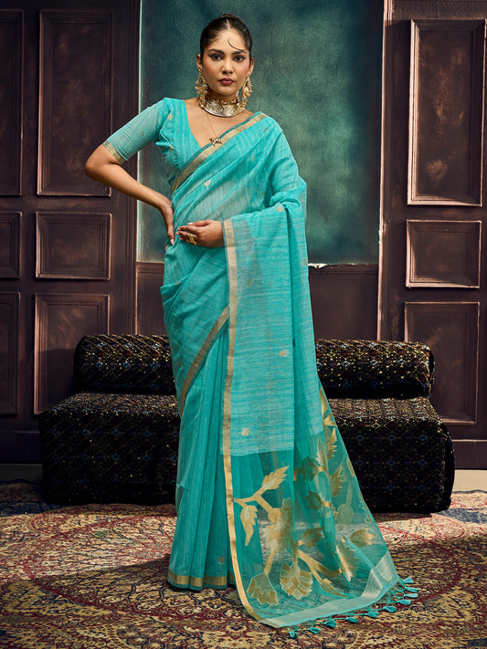 Turquoise Blue Woven Muga Silk Saree