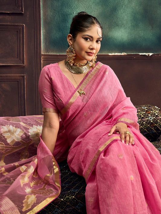 Candy Pink Woven Muga Silk Saree