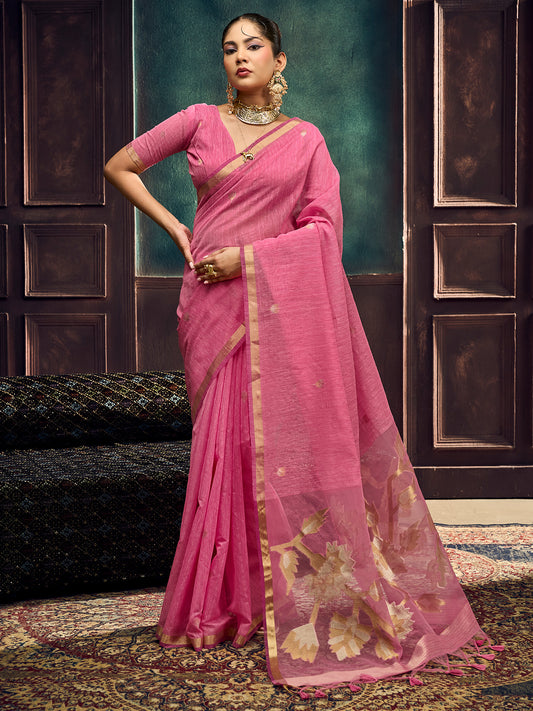 Candy Pink Woven Muga Silk Saree