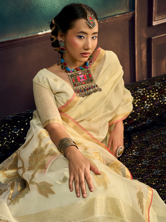 Cream Yellow Woven Muga Silk Saree