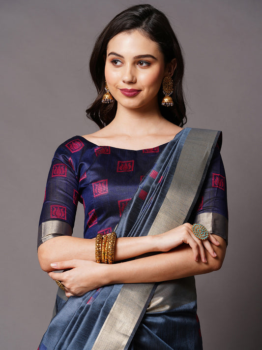 Navy Blue Cotton Silk Saree with Pink Lotus Weave