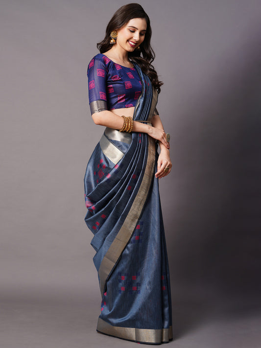 Navy Blue Handloom Silk Saree with Pink Lotus Weave & Printed Blouse