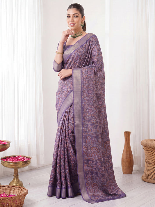 Dusty Violet Floral Kalamkari Printed Silk Blend Saree