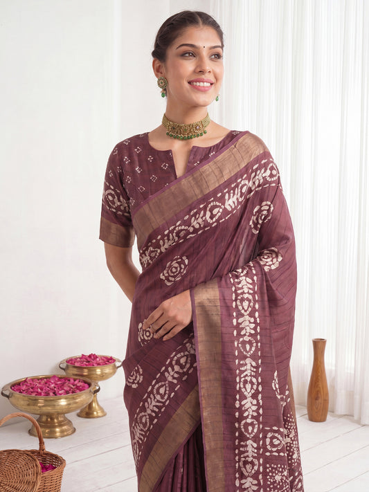 Mauve Purple Batik & Shibori Print Silk Blend Saree