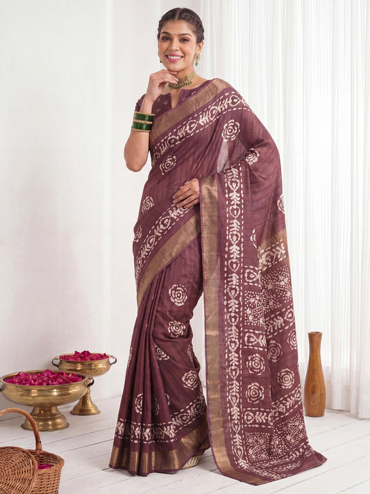 Mauve Purple Batik & Shibori Print Silk Blend Saree