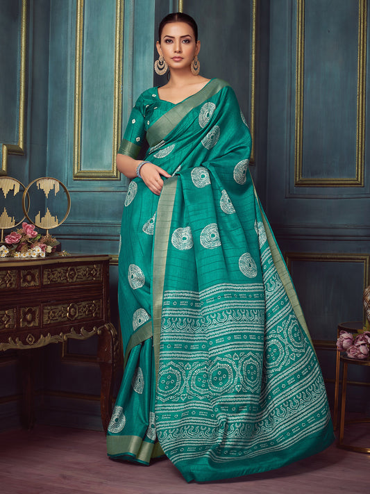Teal Blue Silk Blend Batik Art Saree