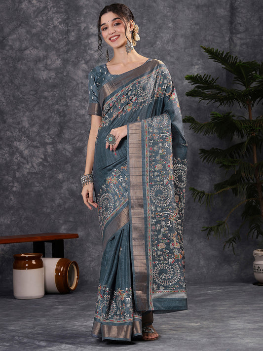 Slate Grey Soft Silk Blend Saree Traditional Printed Saree Zari Border