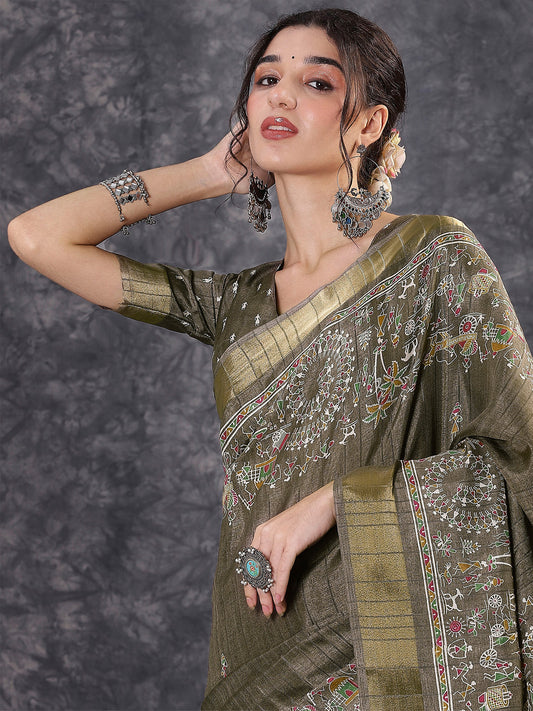 Olive Green Silk Blend Banarasi Style Woven with Traditional Multicolor Woven Motifs