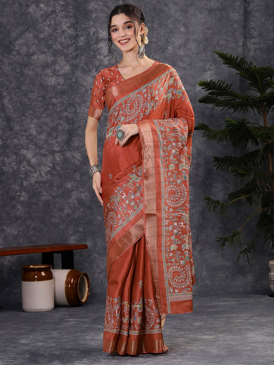 Rust Terracotta Traditional Madhubani Print Tussar Silk Saree