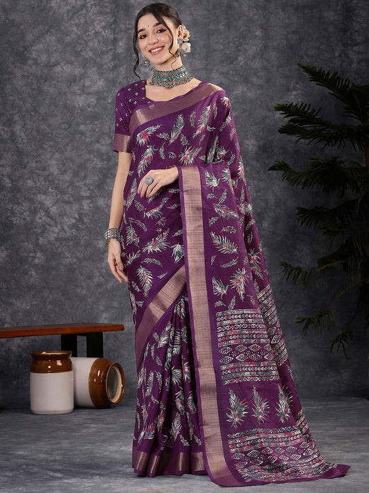 Royal Purple Floral Printed Tussar Silk Blend Saree