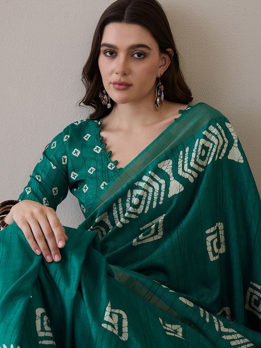 Teal Green Silk Blend Batik Print Saree