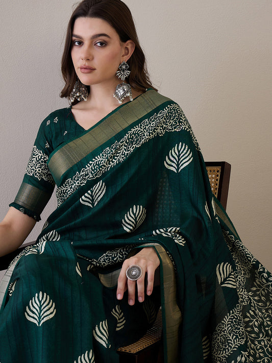 Green Silk Blend Batik Printed Saree