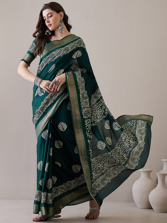 Green Silk Blend Batik Printed Saree