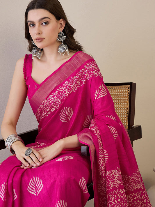 Pink Silk Blend Batik Printed Saree