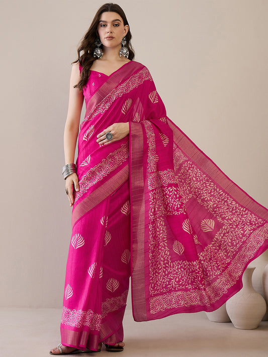 Pink Silk Blend Batik Printed Saree