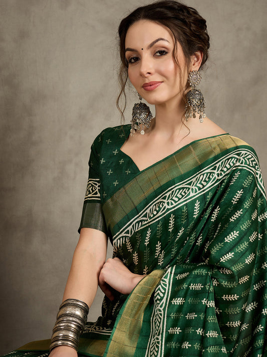 Green silk Blend Block Printed Buta Motif with Zari Border