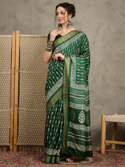 Green silk Blend Block Printed Buta Motif with Zari Border