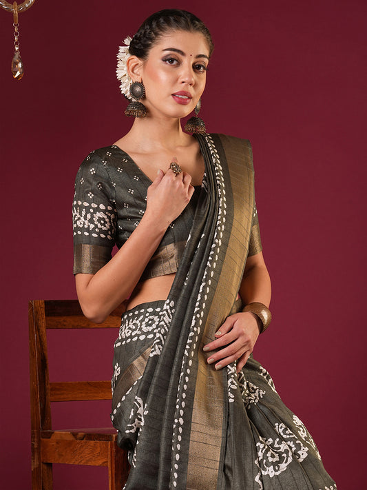 Charcoal Grey Tussar Silk Batik Print with Zari Border Saree