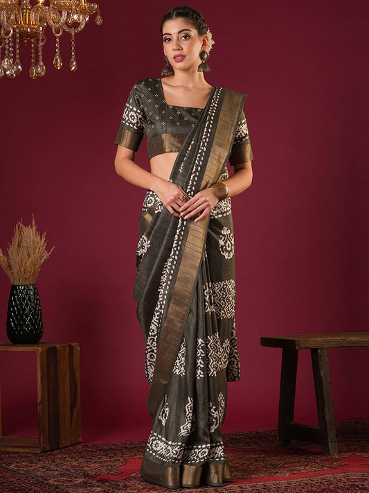 Charcoal Grey Tussar Silk Batik Print with Zari Border Saree