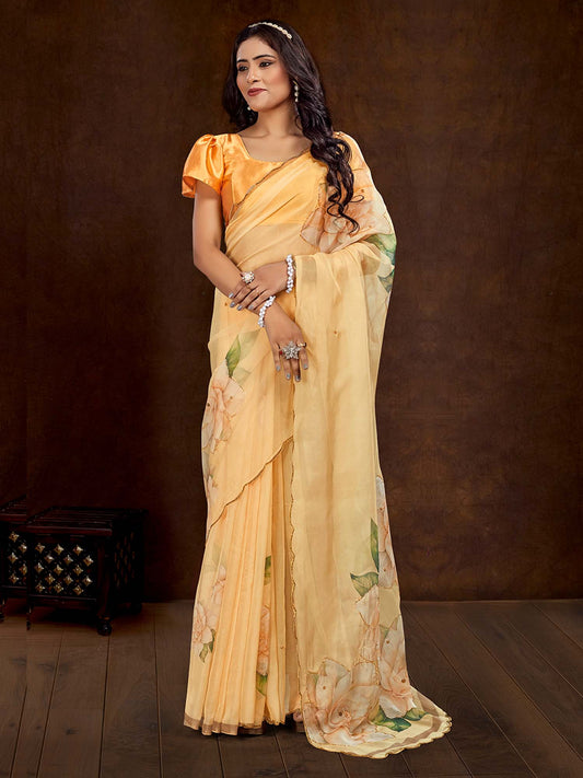 Yellow Organza Digital Floral Printed Saree