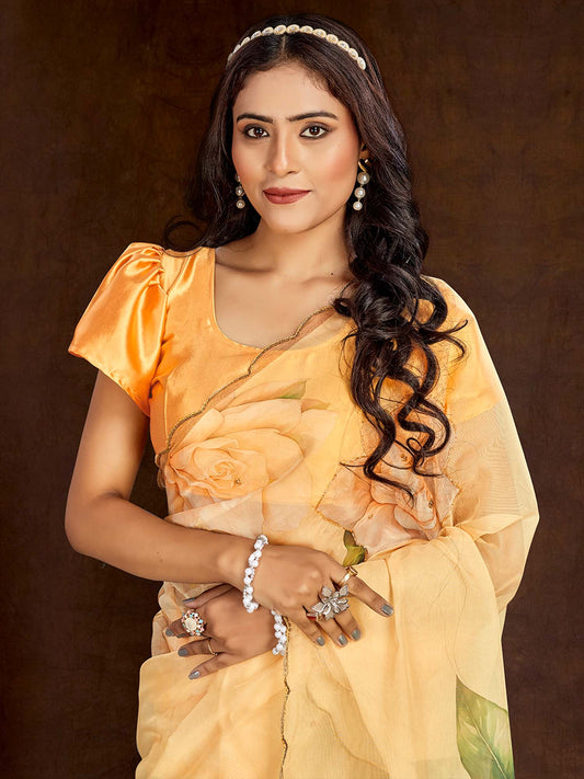 Yellow Organza Digital Floral Printed Saree