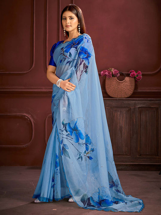 Sky Blue Organza Painted Floral Saree