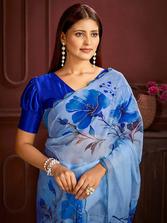 Sky Blue Organza Painted Floral Saree