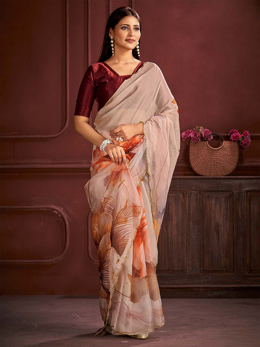 Beige Silk Blend Floral Digital Print Saree