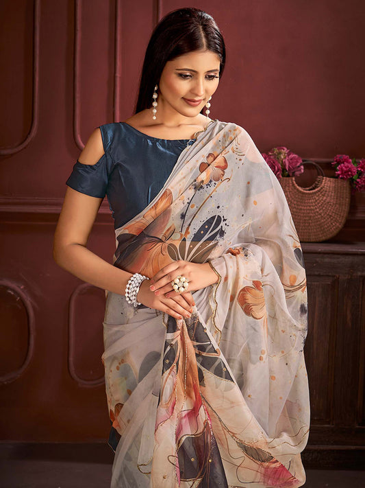 Elegant Off-White Floral Silk Blend Saree