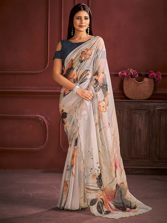 Elegant Off-White Floral Silk Blend Saree