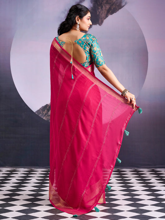 Rani Pink Tissue Silk Saree with Zari Stripes