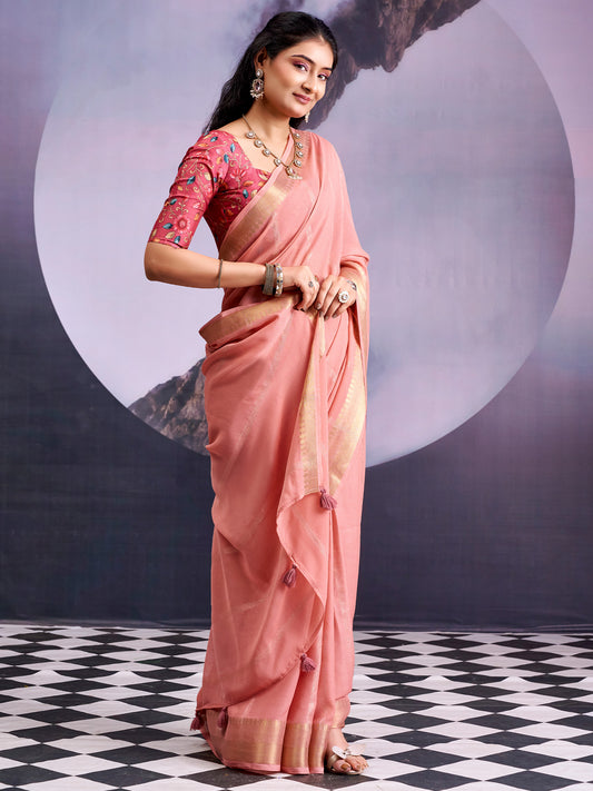 Peach Tissue Silk Saree with Zari Stripes