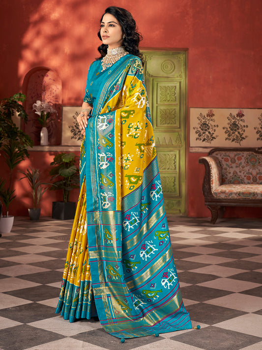 Yellow Teal Blue Tussar Silk Printed Patola Zari Border  Blouse Saree