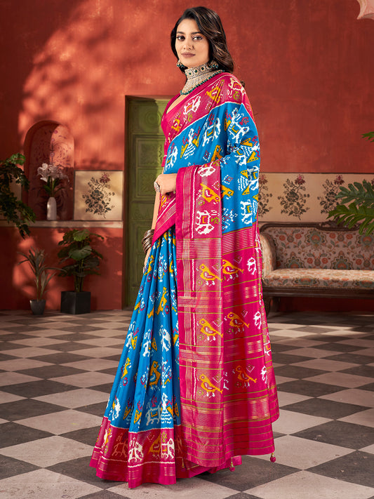 Sky Blue & Pink Patola Style Silk Blend Saree