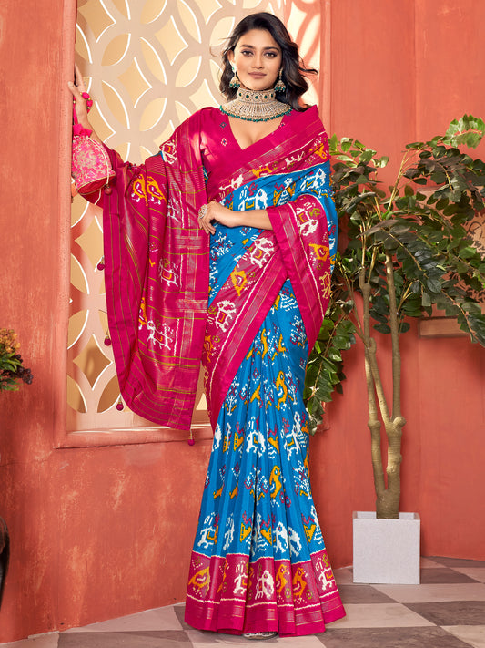 Sky Blue & Pink Patola Style Silk Blend Saree