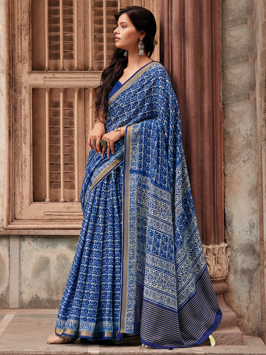 Hemangi Indigo Block Prints Mal Cotton Saree with Zari Border & Indigo Blouse Piece