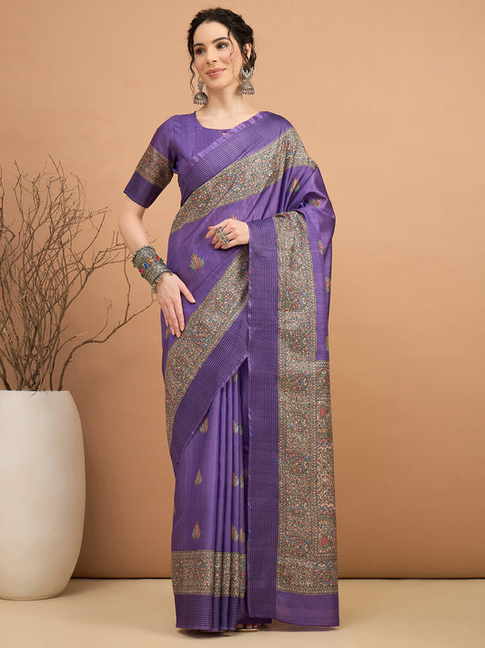 Purple Manipuri Silk Kalamkari Print Zari Border Saree
