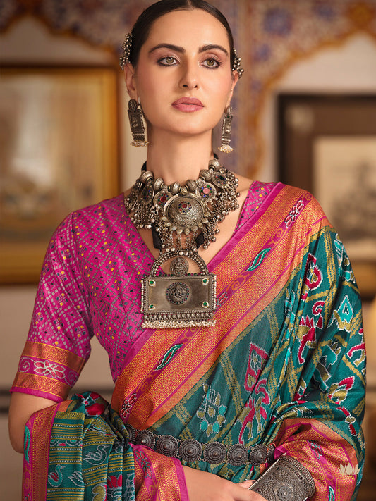Teal & Pink Patola Silk Saree with Bandhani Blouse
