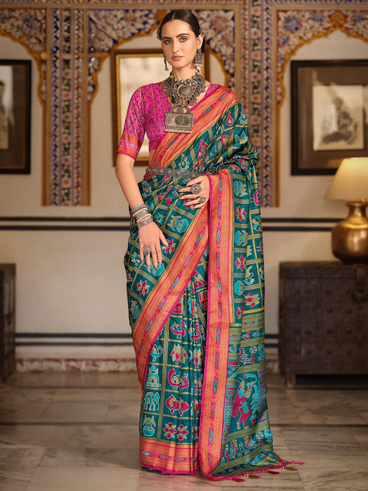 Teal & Pink Patola Silk Saree with Bandhani Blouse