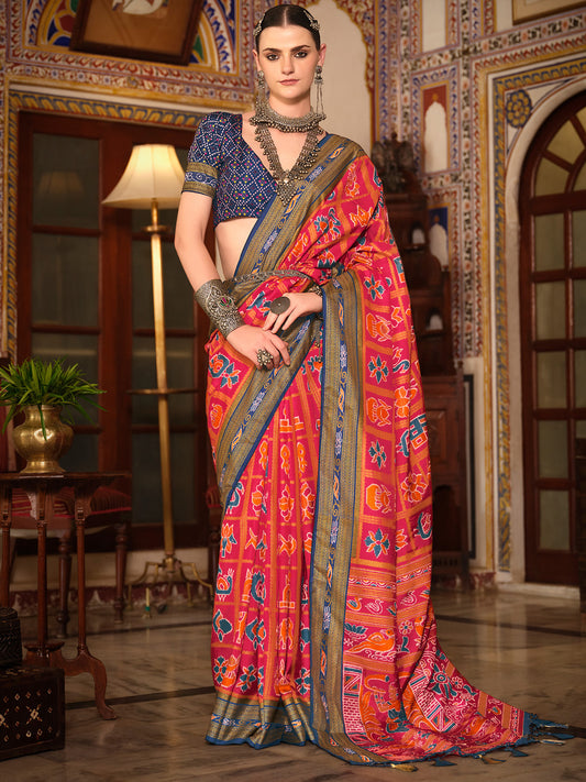 Pink Navy Blue Silk Blend  Patola Inspired Weaving Zari Border Blouse Saree