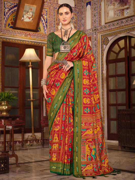 Red & Green Patola Style Silk Blend Saree